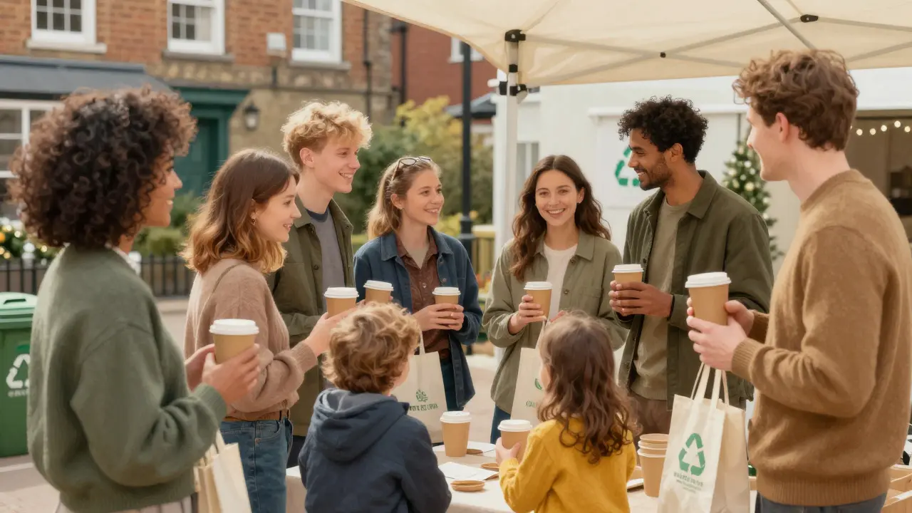 Diverse group enjoying craft stalls and sustainable options at a winter market