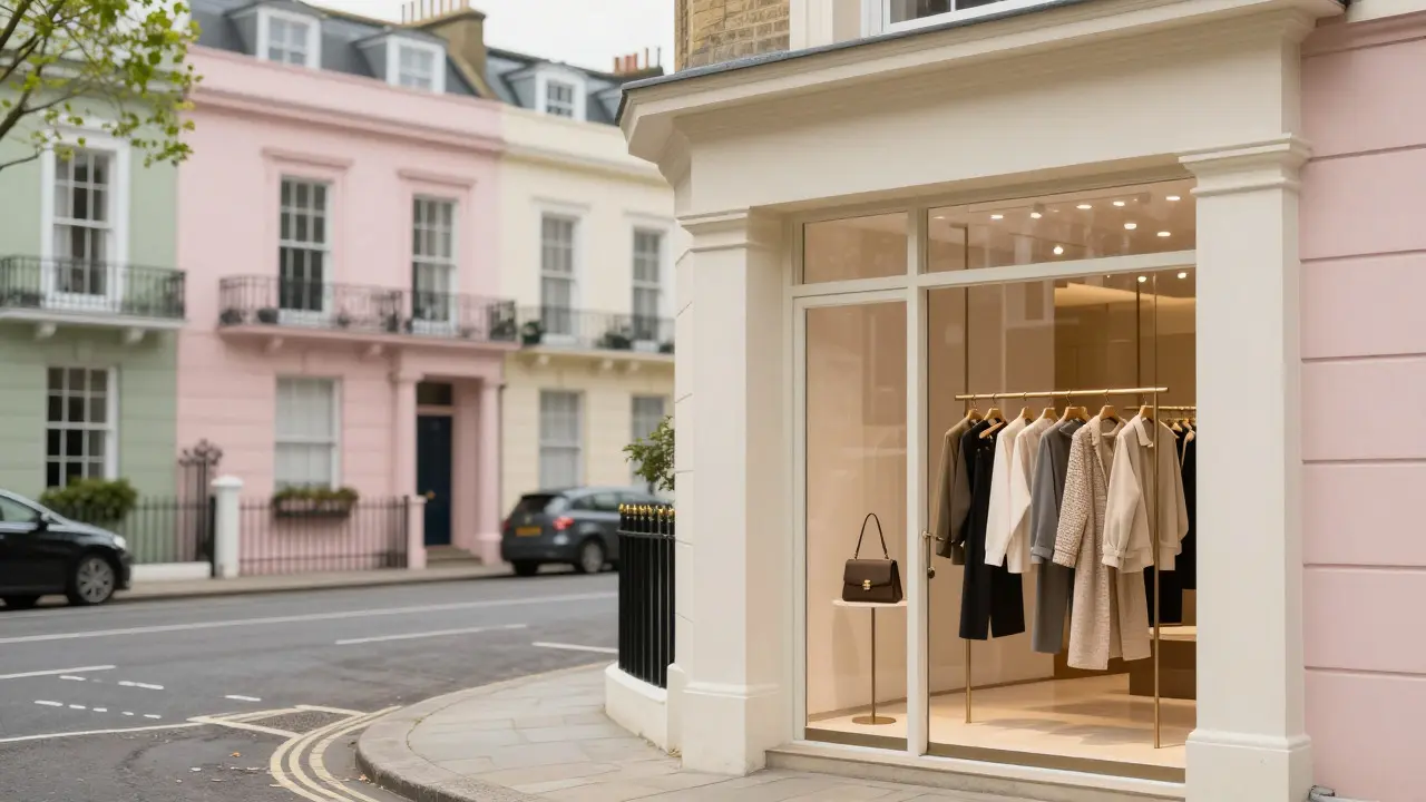 Elegant boutique entrance on a quiet, leafy street in Notting Hill