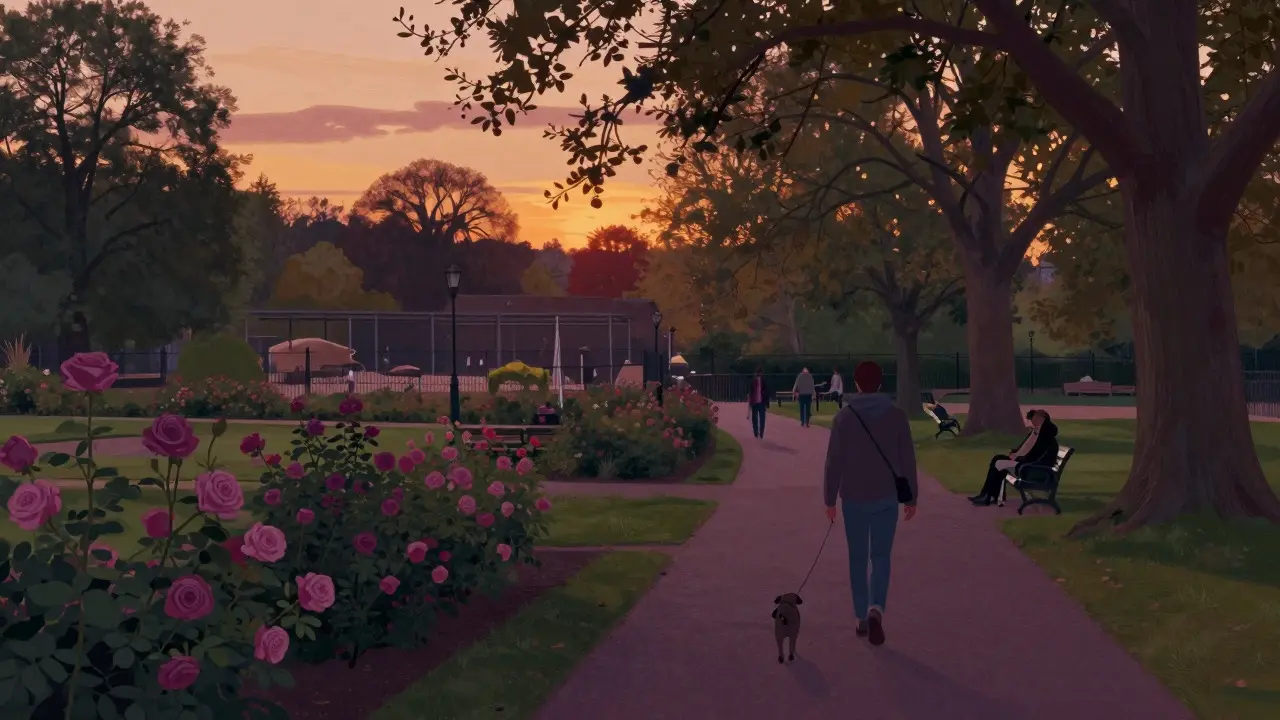 Evening walk with a leashed dog along the rose gardens in Regent's Park