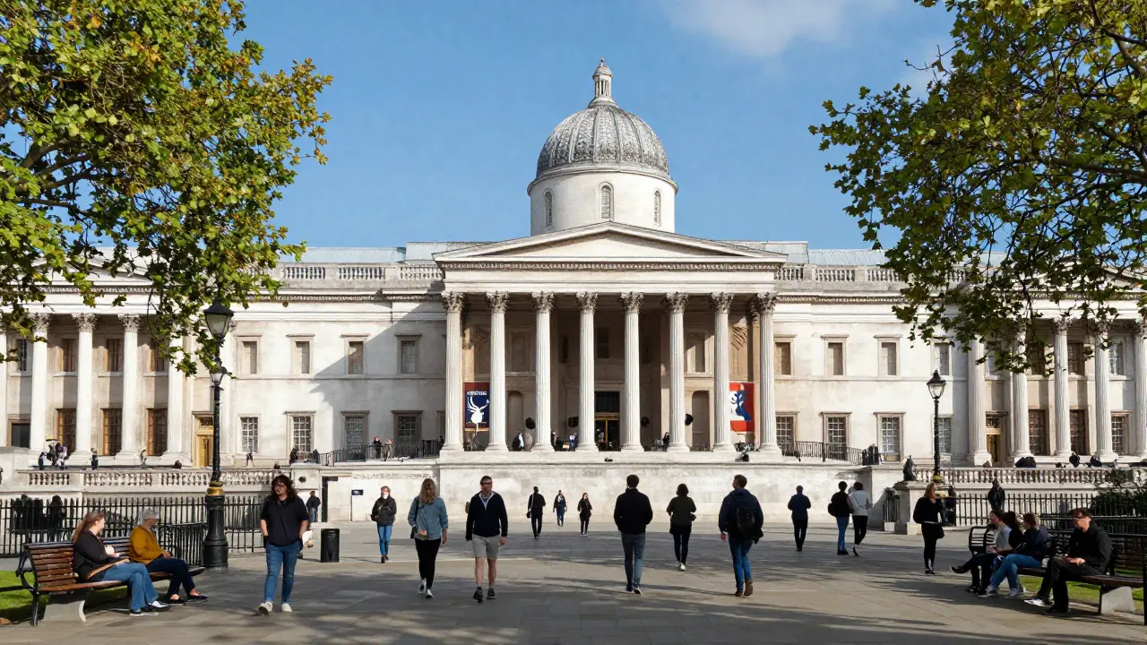 Exterior of the National Gallery in Trafalgar Square with pedestrians walking