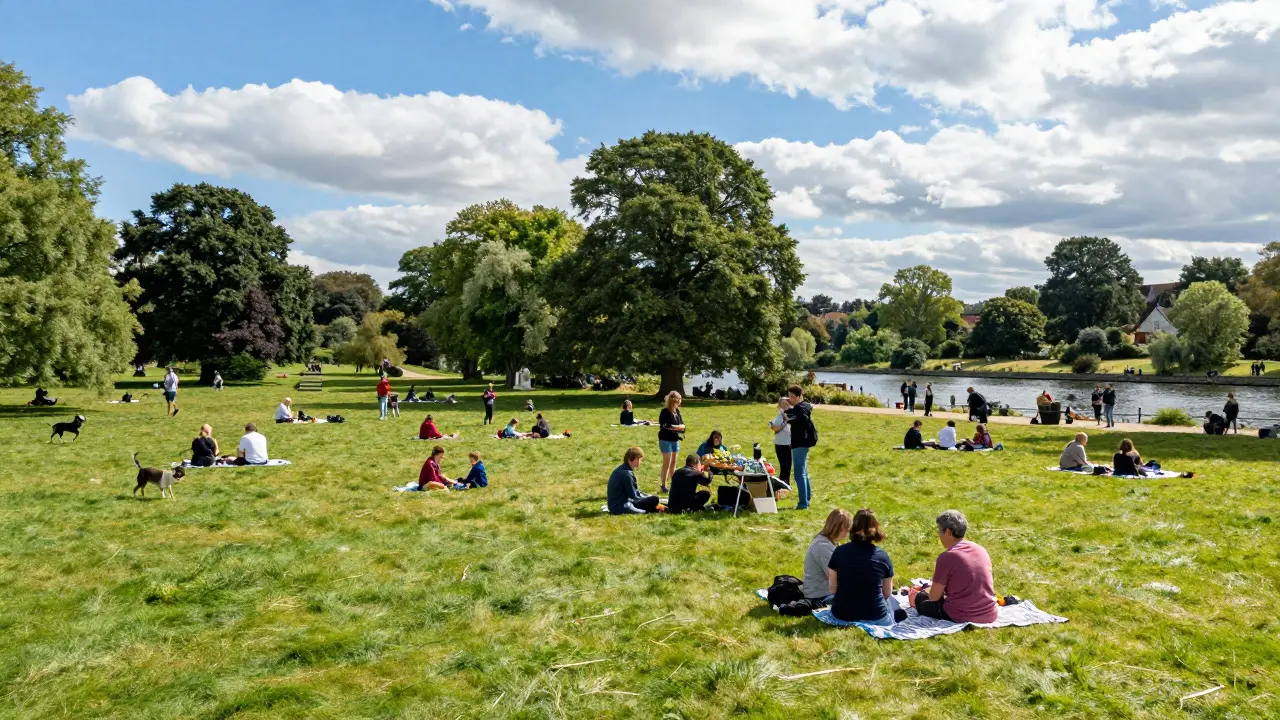 Families picnicking and relaxing in Putney Park with views of the river
