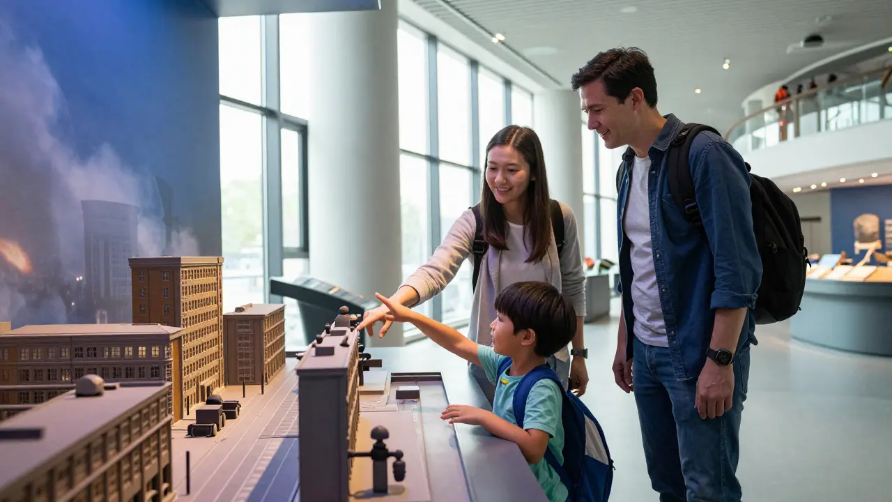 Family looking at a WWII Blitz diorama exhibit in the modern history section