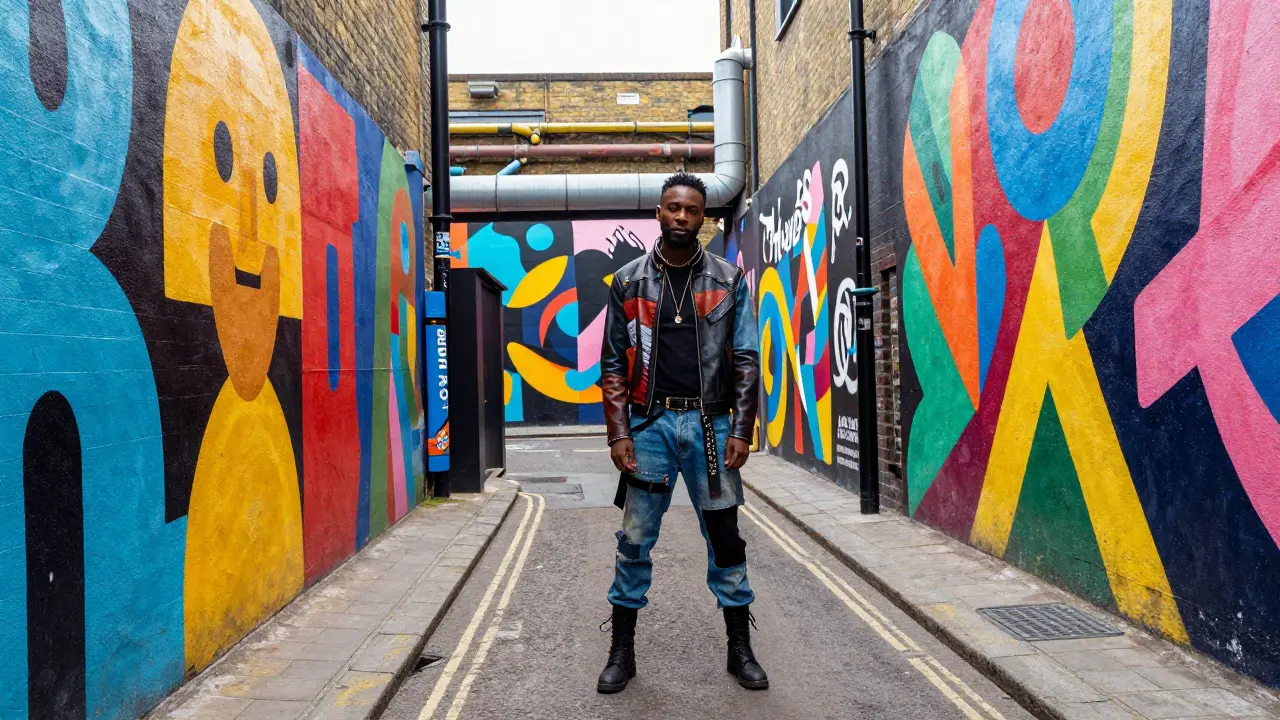 Fashionable person posing against colorful mural in Hackney Wick