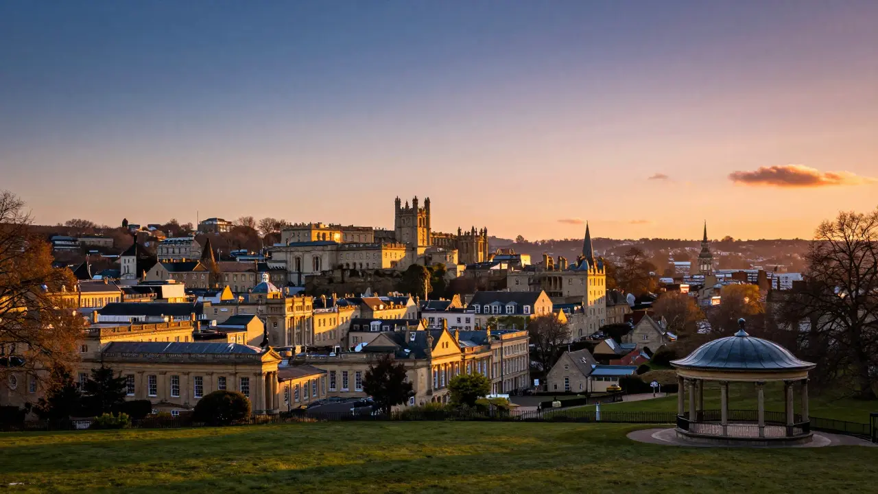 Golden hour sunset view of Bath's rooftops from Victoria Park