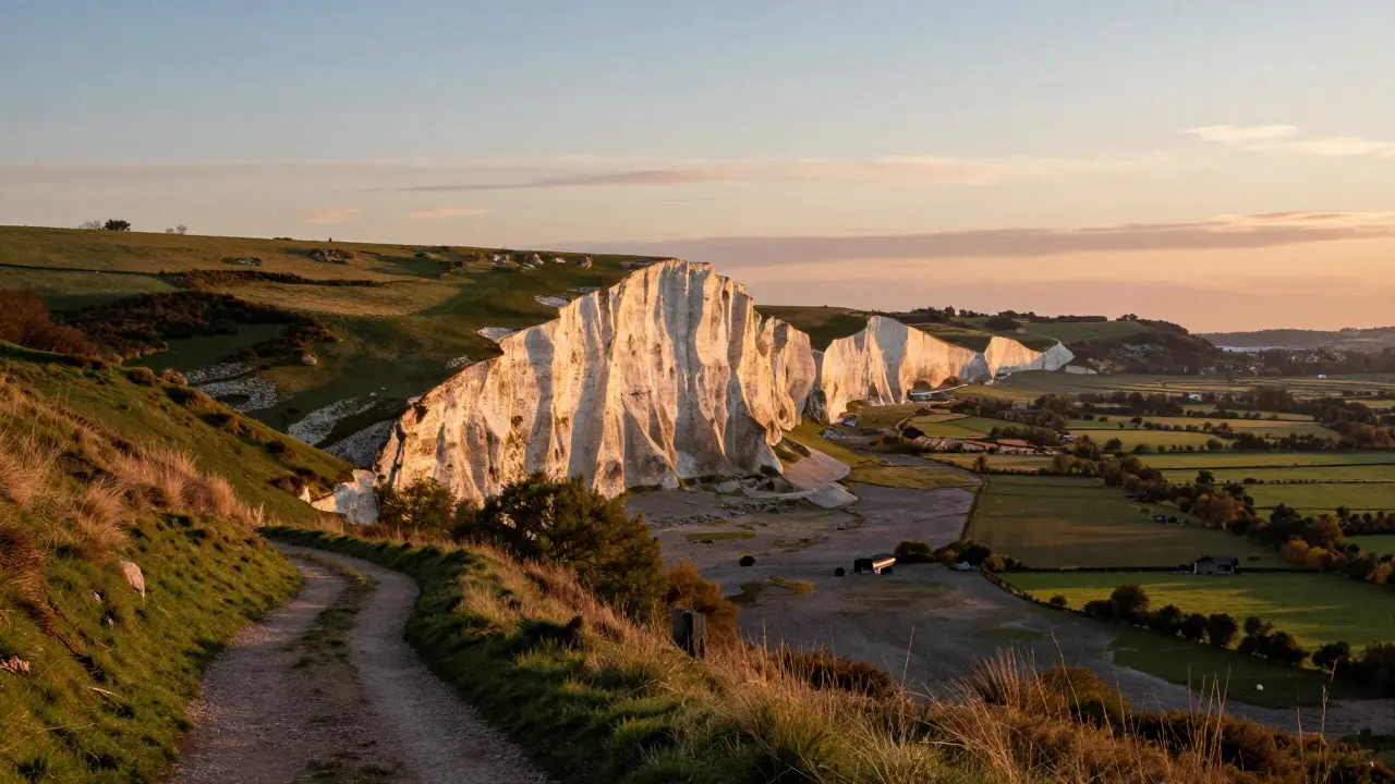 Golden hour view of the white chalk hills along the South Downs Way