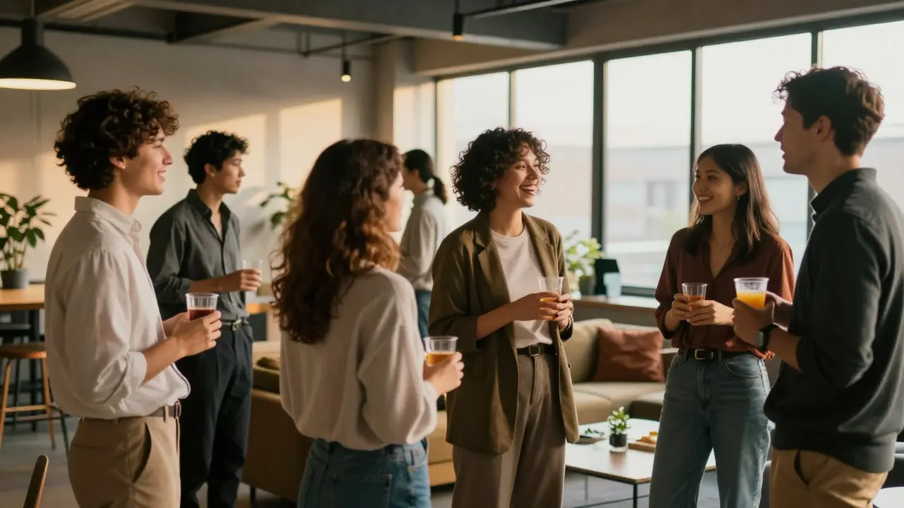 Group of creative professionals networking and chatting in a communal lounge area during golden hour