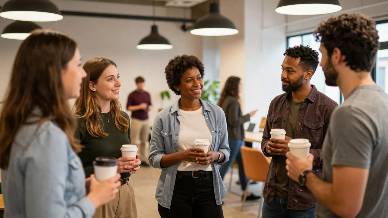 Group of startup founders networking and chatting in a common area