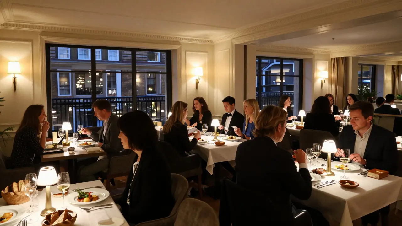 Guests dining in an elegant London restaurant during the evening