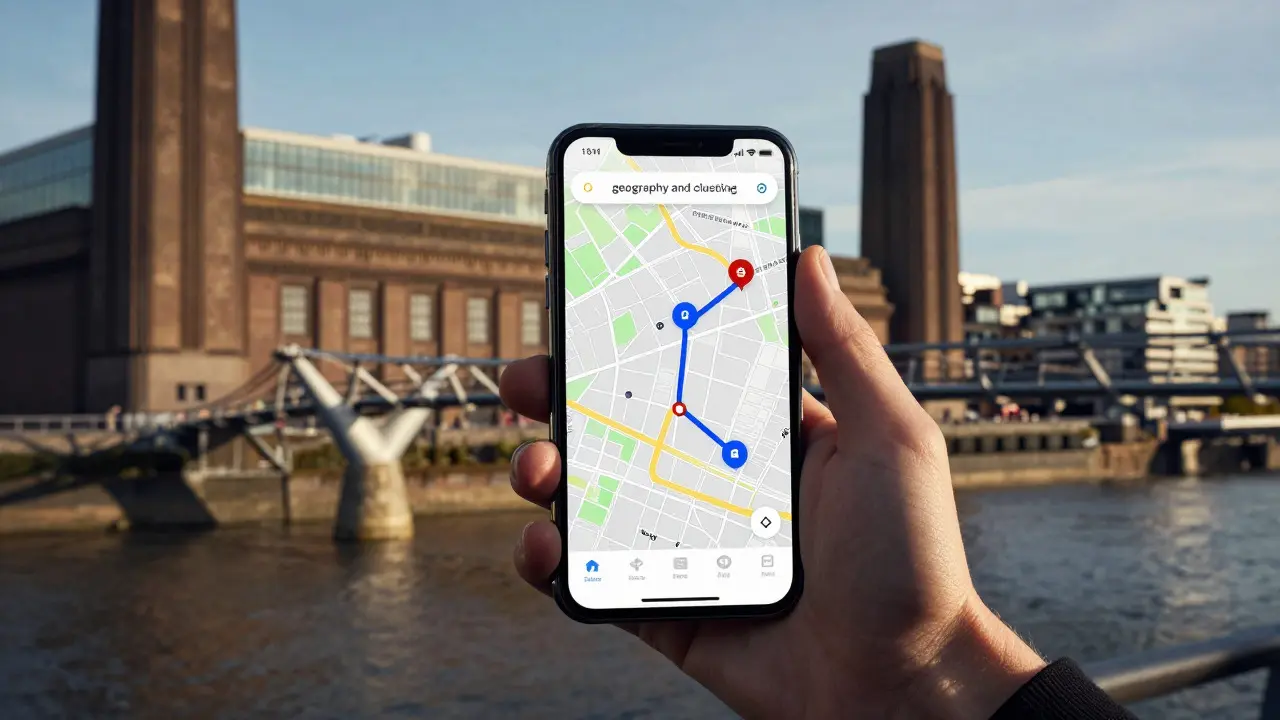 Hand holding a phone with a map app overlaying a view of Tate Modern and the Thames