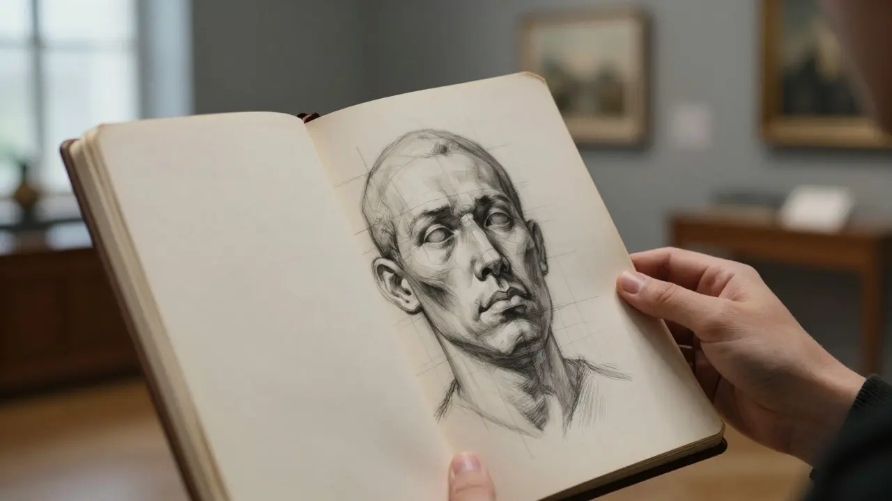 Hand holding a sketchbook with a charcoal face drawing in a study room