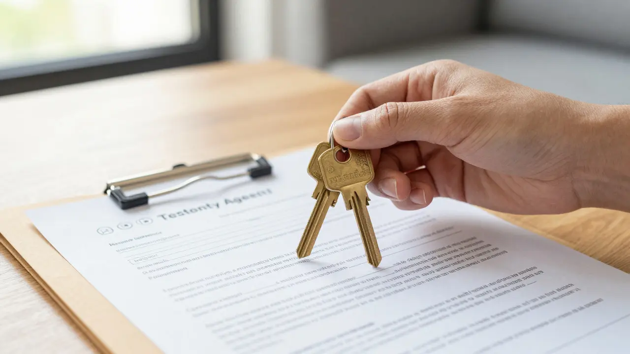 Hand holding brass keys over a stack of rental application documents
