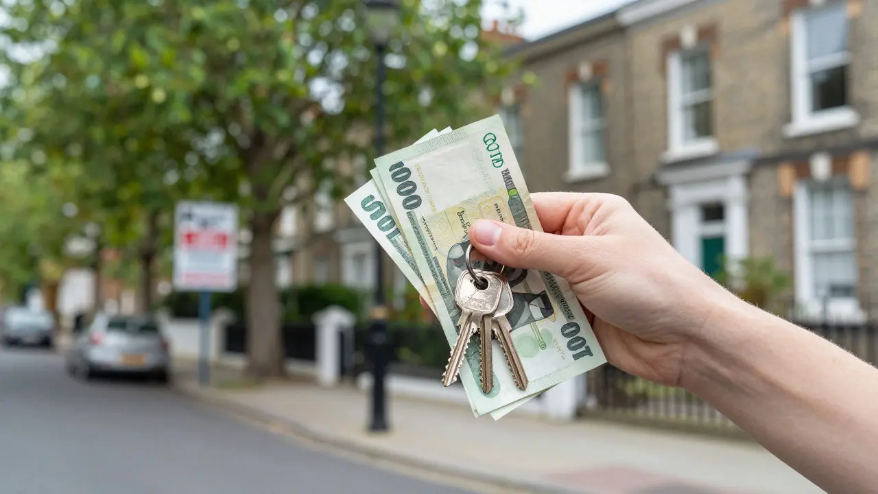 Hand holding keys and cash in front of a blurred Victorian house and green park in Islington