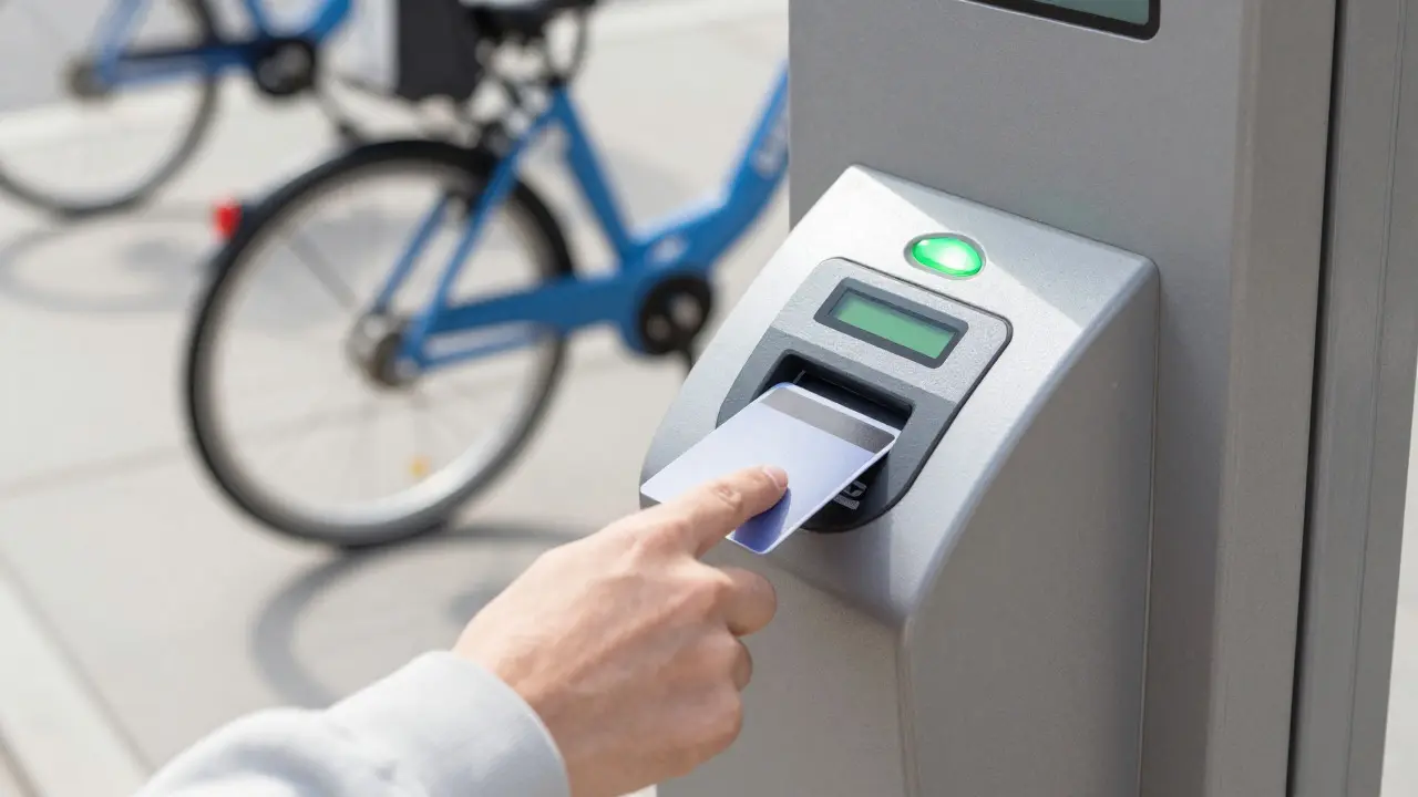 Hand tapping a contactless card on a bike share dock terminal