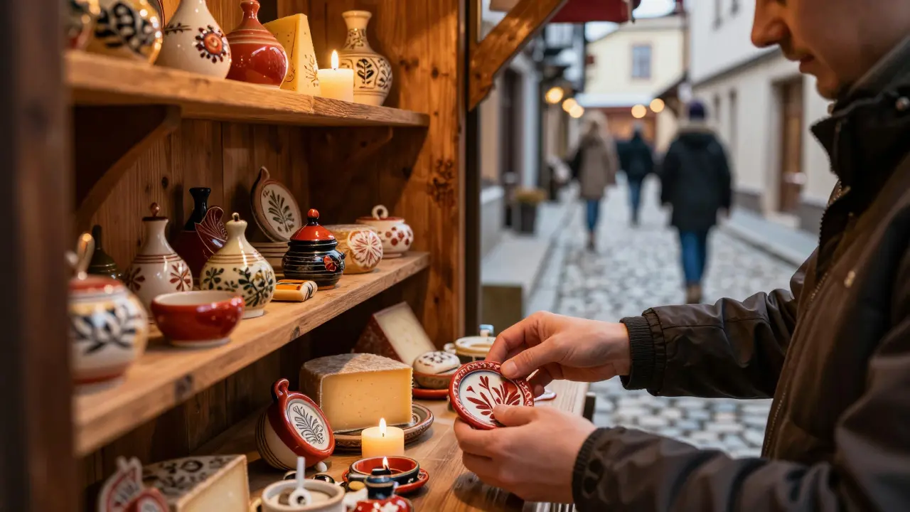 Hands arranging handmade ceramics and cheese inside a candle-lit wooden market stall