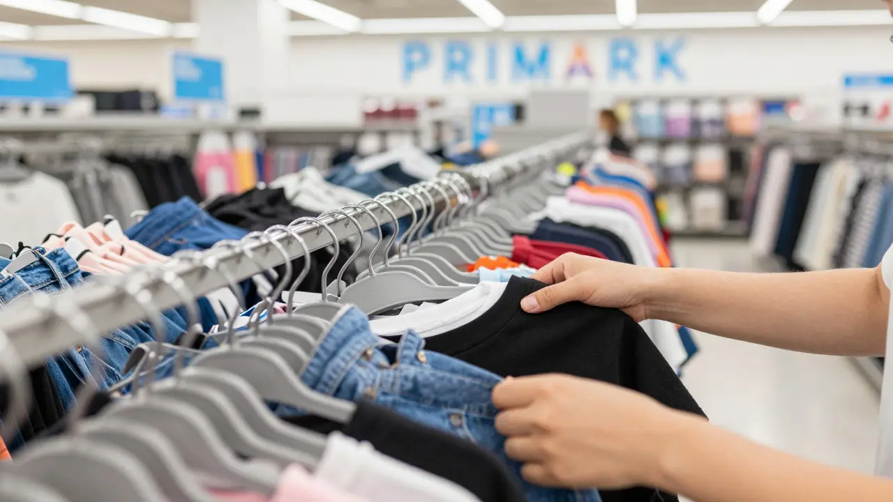 Hands browsing through colorful clothes on racks in a large retail store