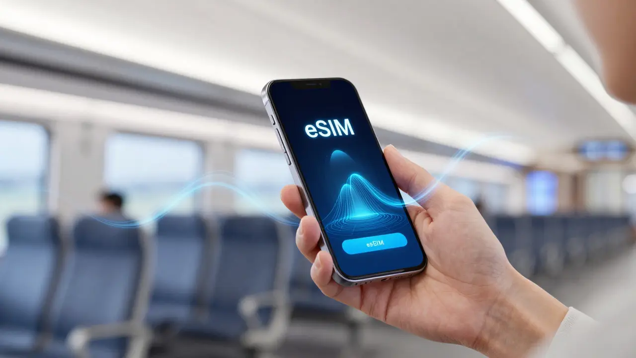Hands holding a phone displaying digital connectivity waves