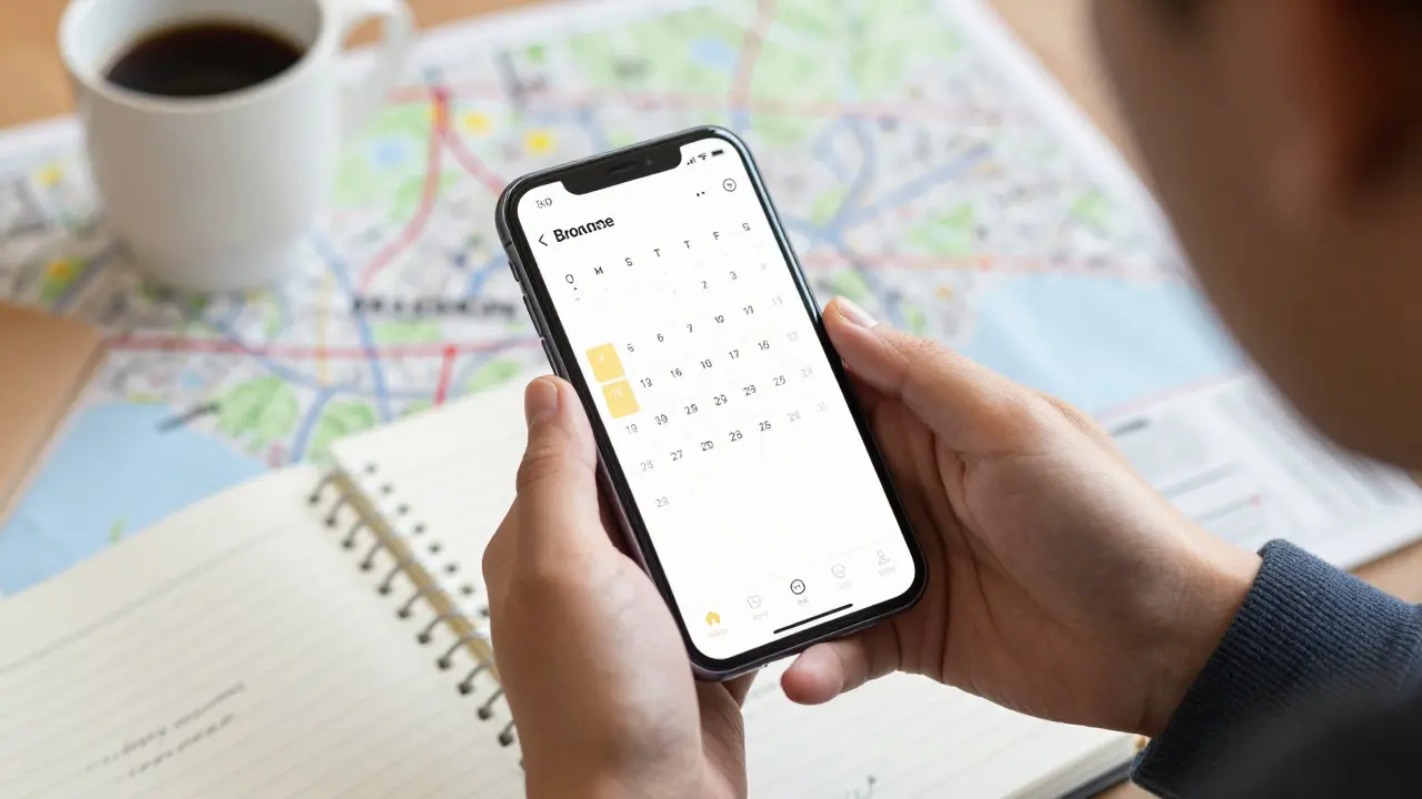 Hands holding a phone with a calendar app while planning a London itinerary