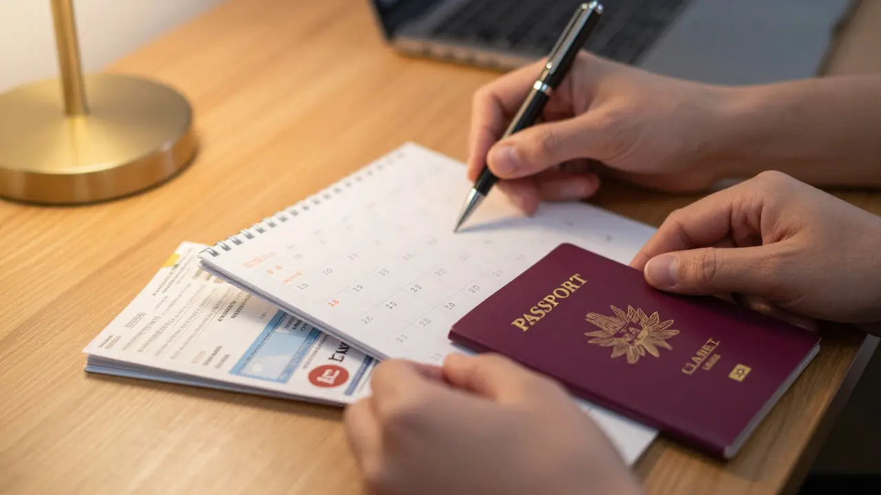 Hands organizing passport and travel logs on a desk