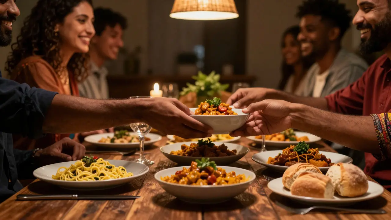Hands sharing international food at a communal dinner table