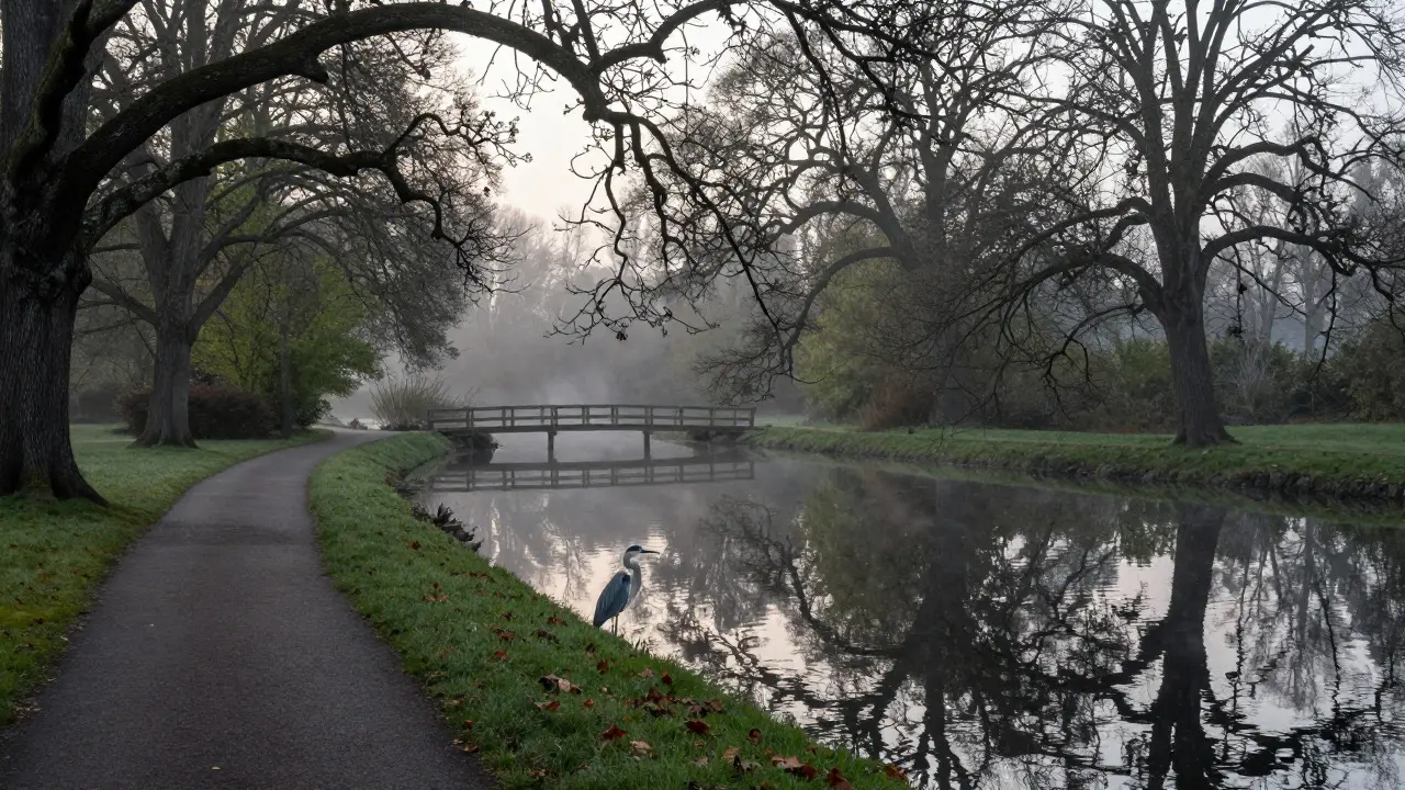 Heron standing by the calm waters of Hampstead Ponds