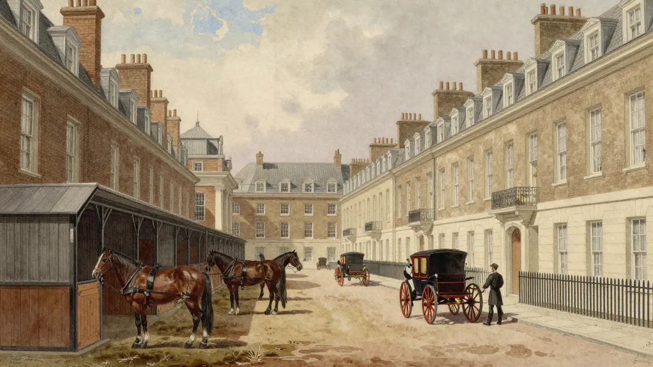 Historical illustration of 18th-century horse stables in a London mews