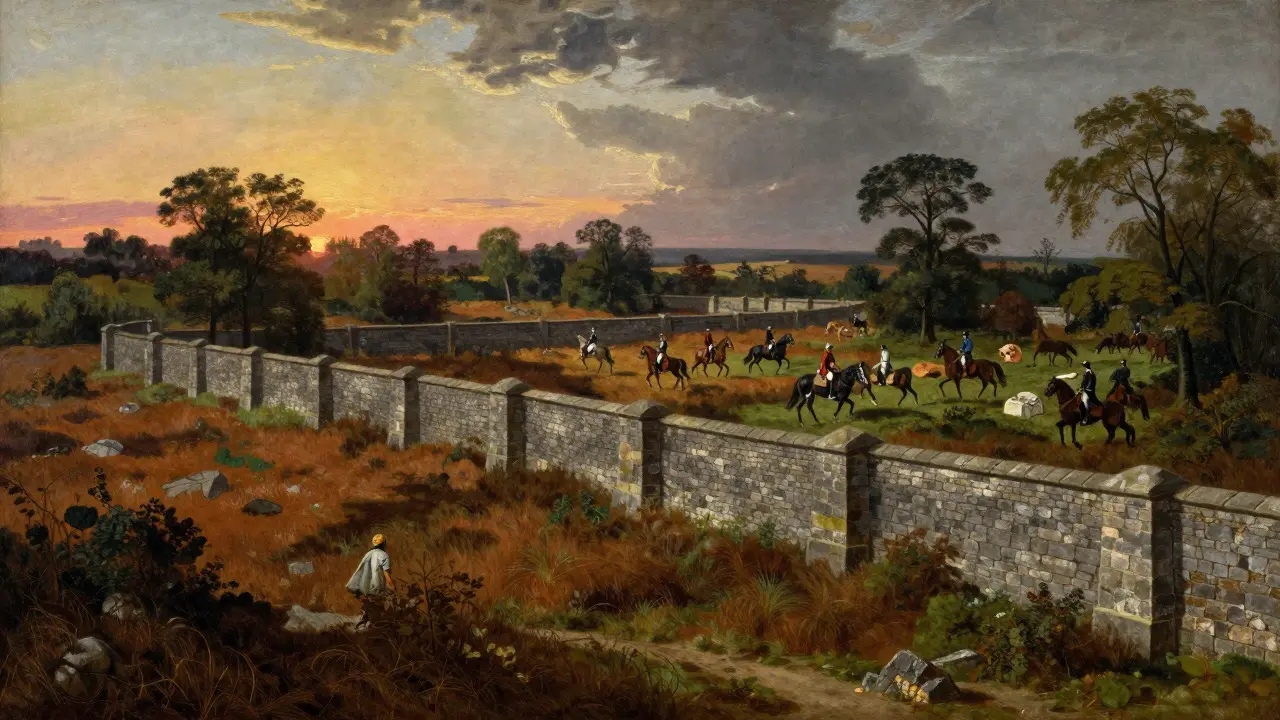 Historical illustration of hunters and stone walls in 17th-century Richmond Park