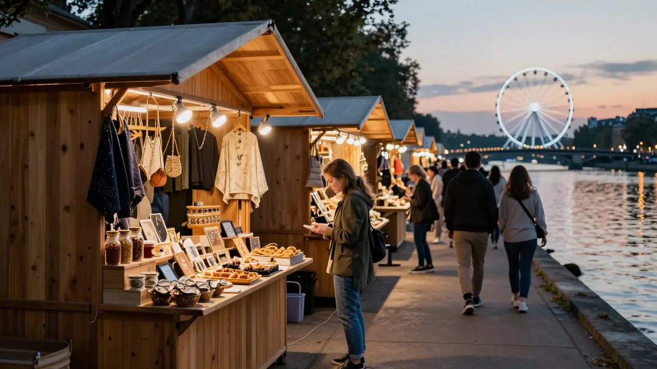 Illuminated market stalls along a river reflecting city lights and featuring gourmet food