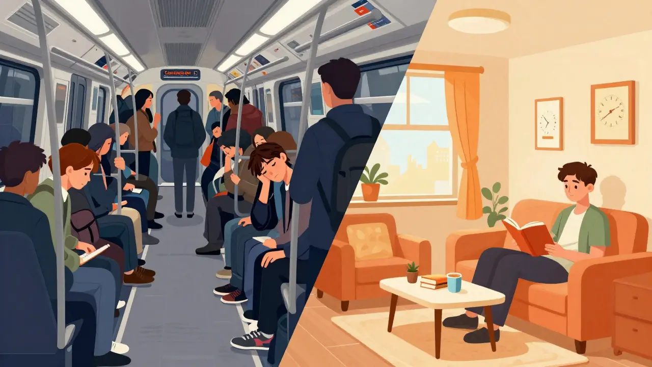 Illustration contrasting a stressful crowded Tube commute with a relaxed study session at home