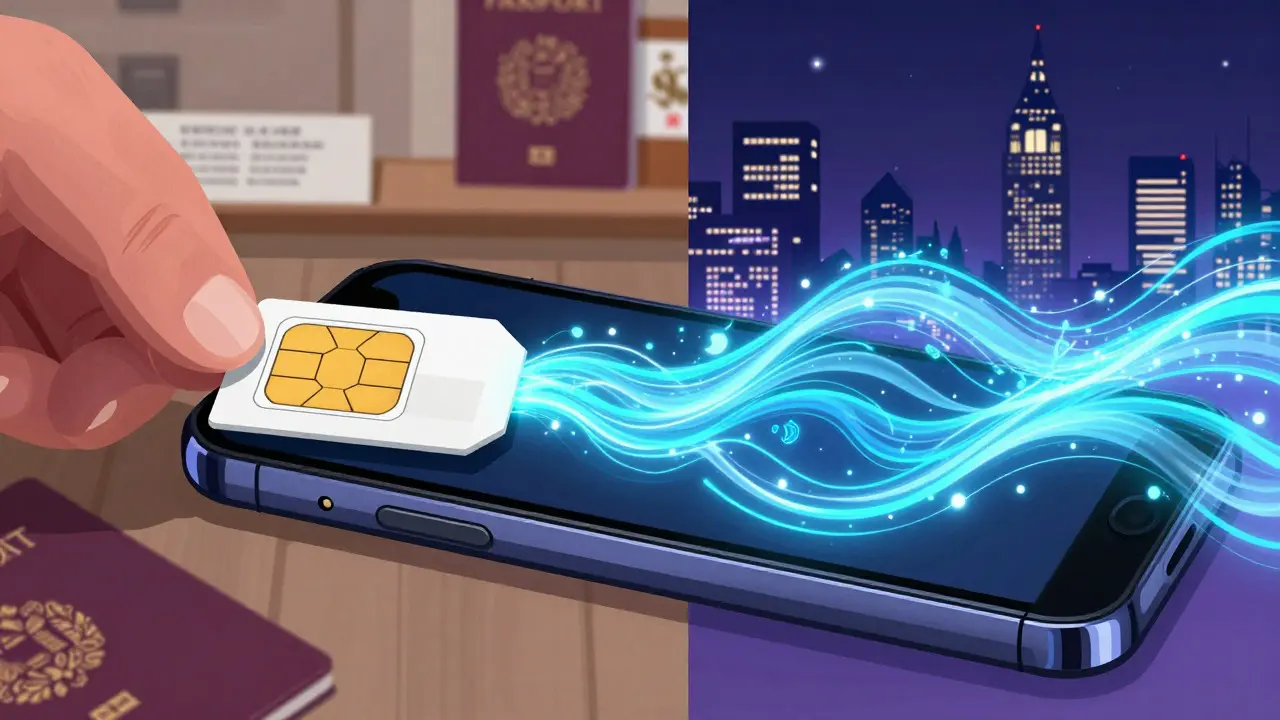 Illustration contrasting physical SIM card setup with digital eSIM
