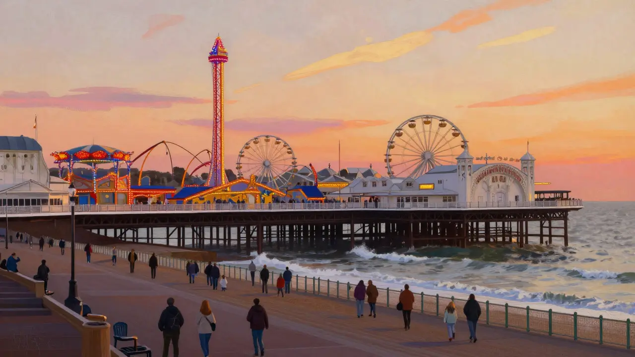 Illustration of Brighton Palace Pier with amusement rides at sunset