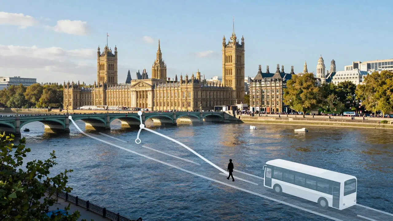 Illustrative map showing walking and bus routes connecting London landmarks