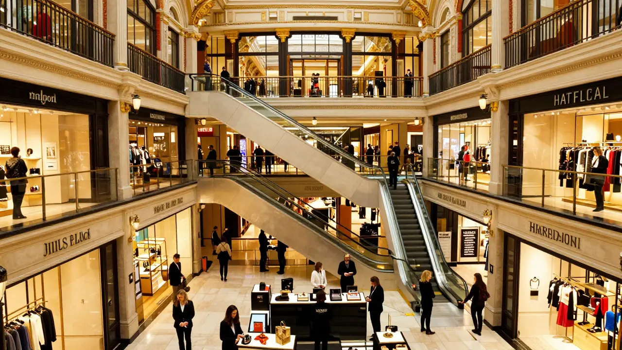 Interior of a multi-level luxury department store with shoppers