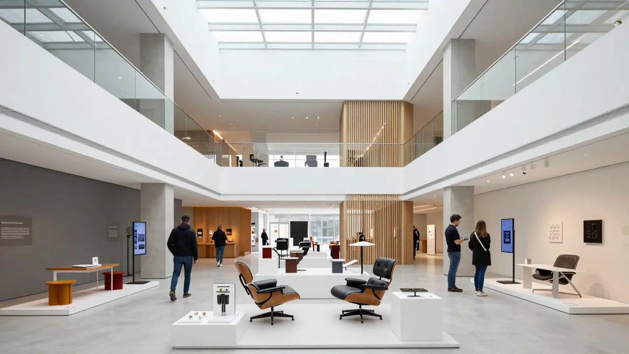 Interior of the Design Museum showing modern exhibits and natural light