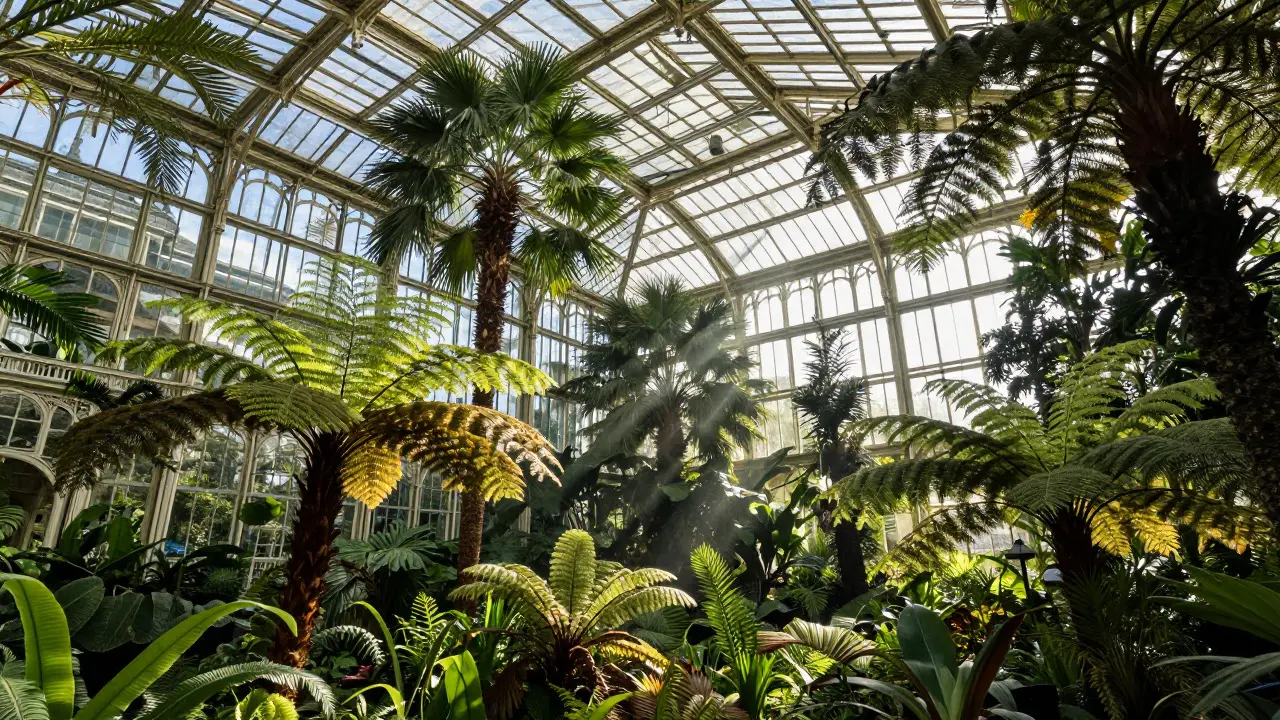 Interior of the Victorian Palm House filled with tropical plants