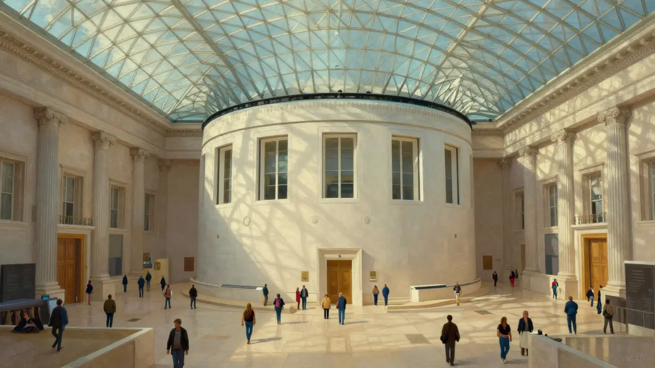 Interior view of the British Museum Great Court with visitors walking under the glass roof