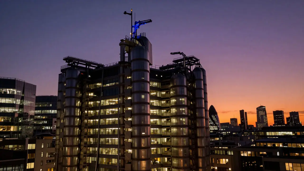 Lloyd's Building illuminated at dusk with glowing windows and blue roof details