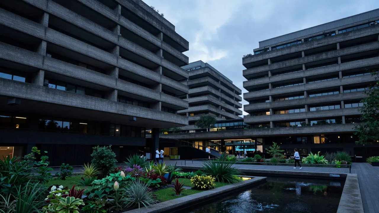 Low angle view of the brutalist concrete architecture of the Barbican Centre
