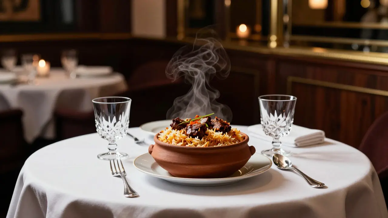 Luxurious indoor dining scene featuring a gourmet goat biryani in a clay pot