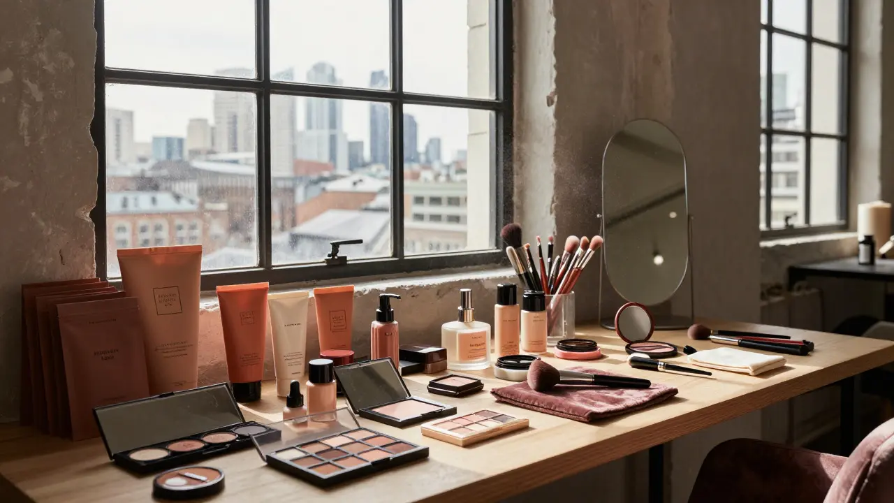 Makeup artist's vanity table with mixed luxury and indie products in a studio
