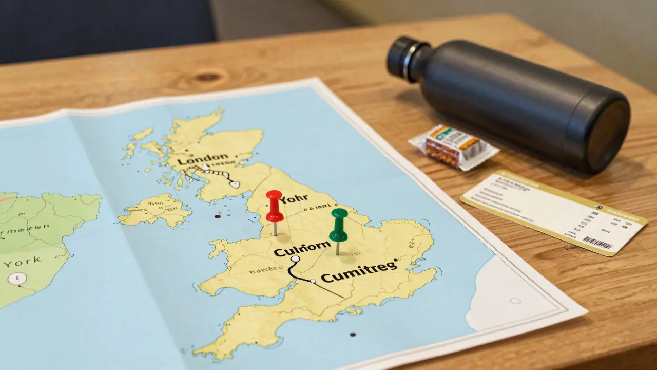Map of southern England with pins for day trip destinations and travel essentials
