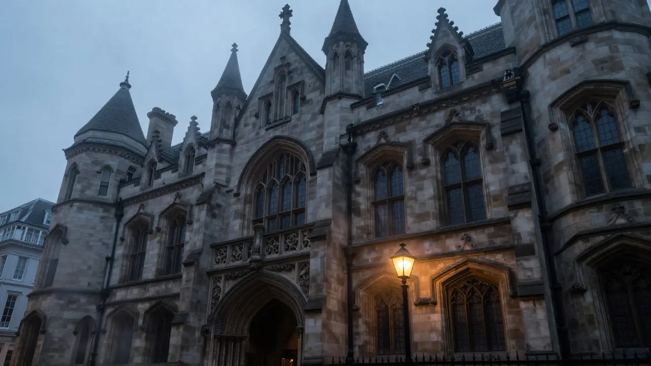 Medieval facade of the Guildhall in London under an overcast sky