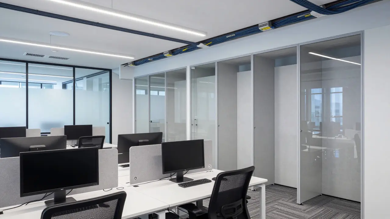 Modern office interior in King's Cross featuring soundproof booths and fiber optic infrastructure