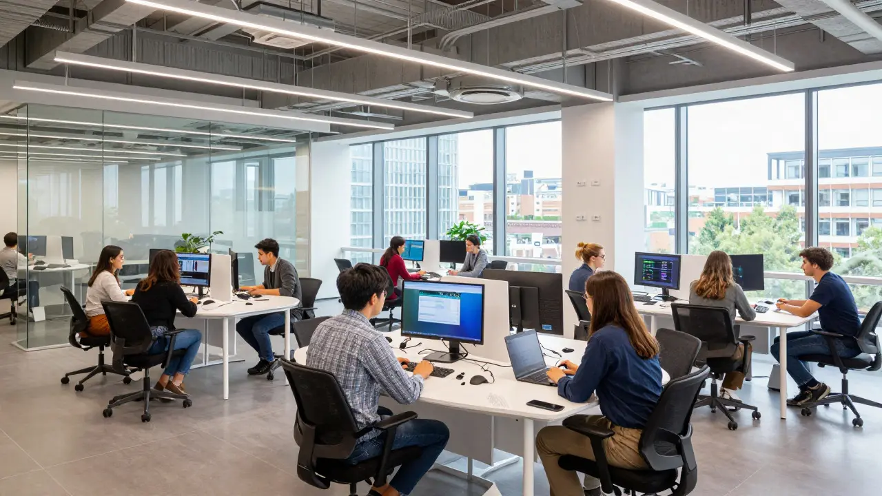 Modern open-plan study space with students collaborating at tables with laptops