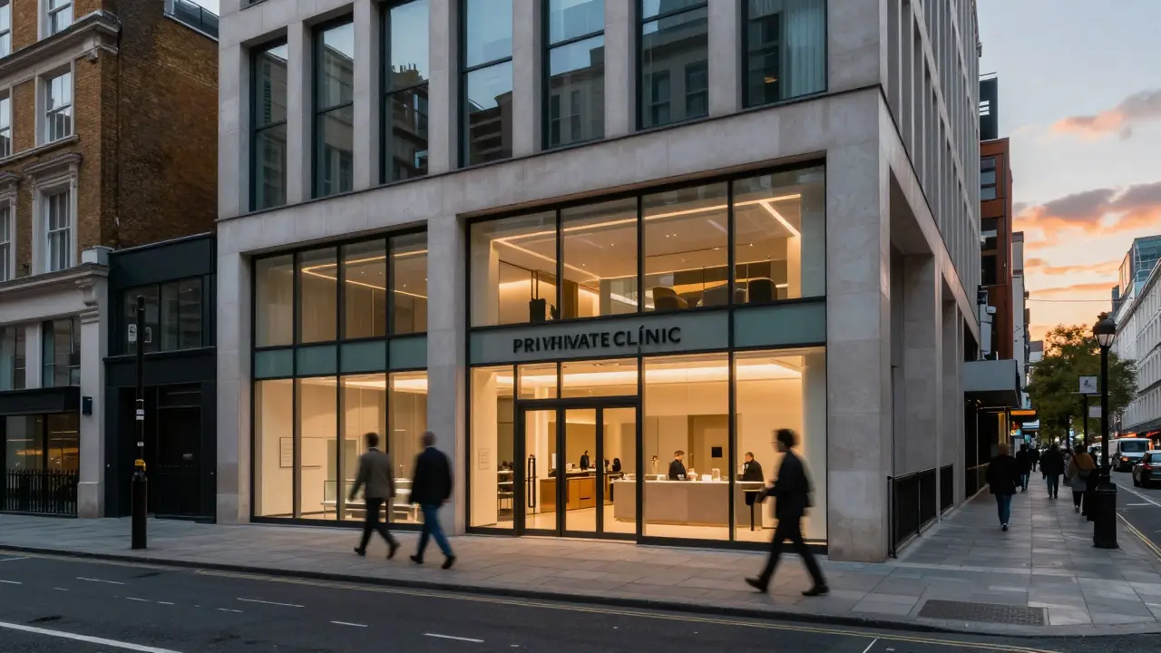 Modern private clinic building on a busy London street at dusk