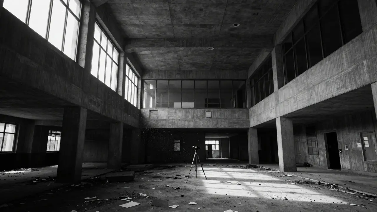 Monochrome interior of a brutalist concrete building with dust and broken windows