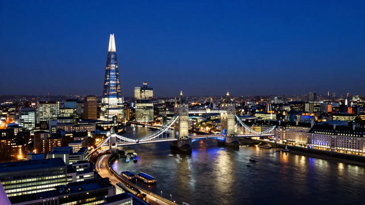Nighttime panoramic view of London skyline including The Shard from the Eye