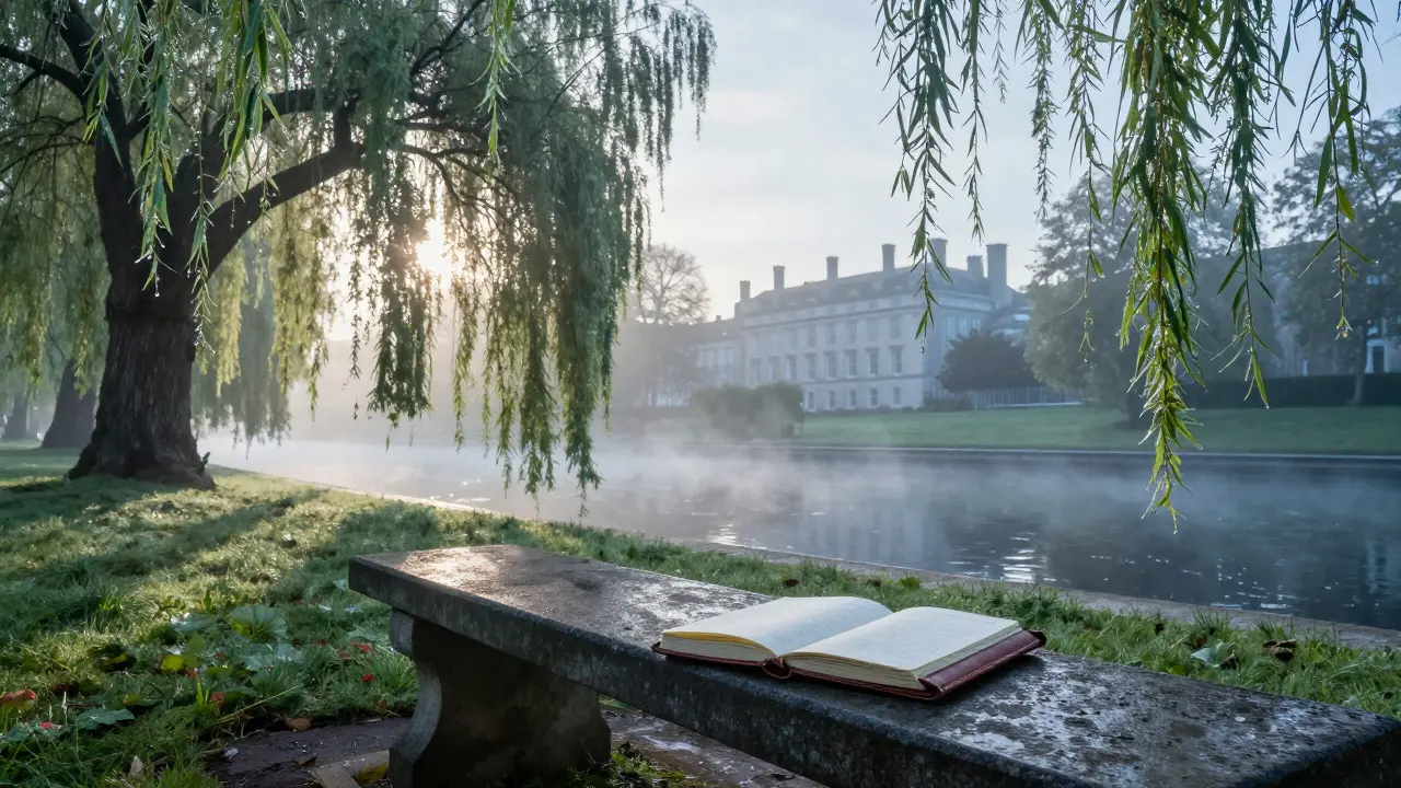 Open notebook on a park bench under willow trees in morning mist