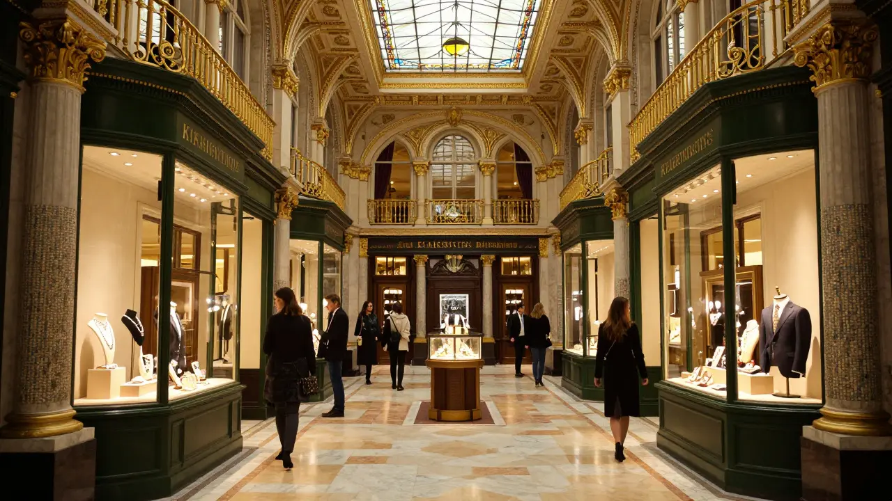 Opulent interior of a Victorian department store with gold details and elegant shoppers