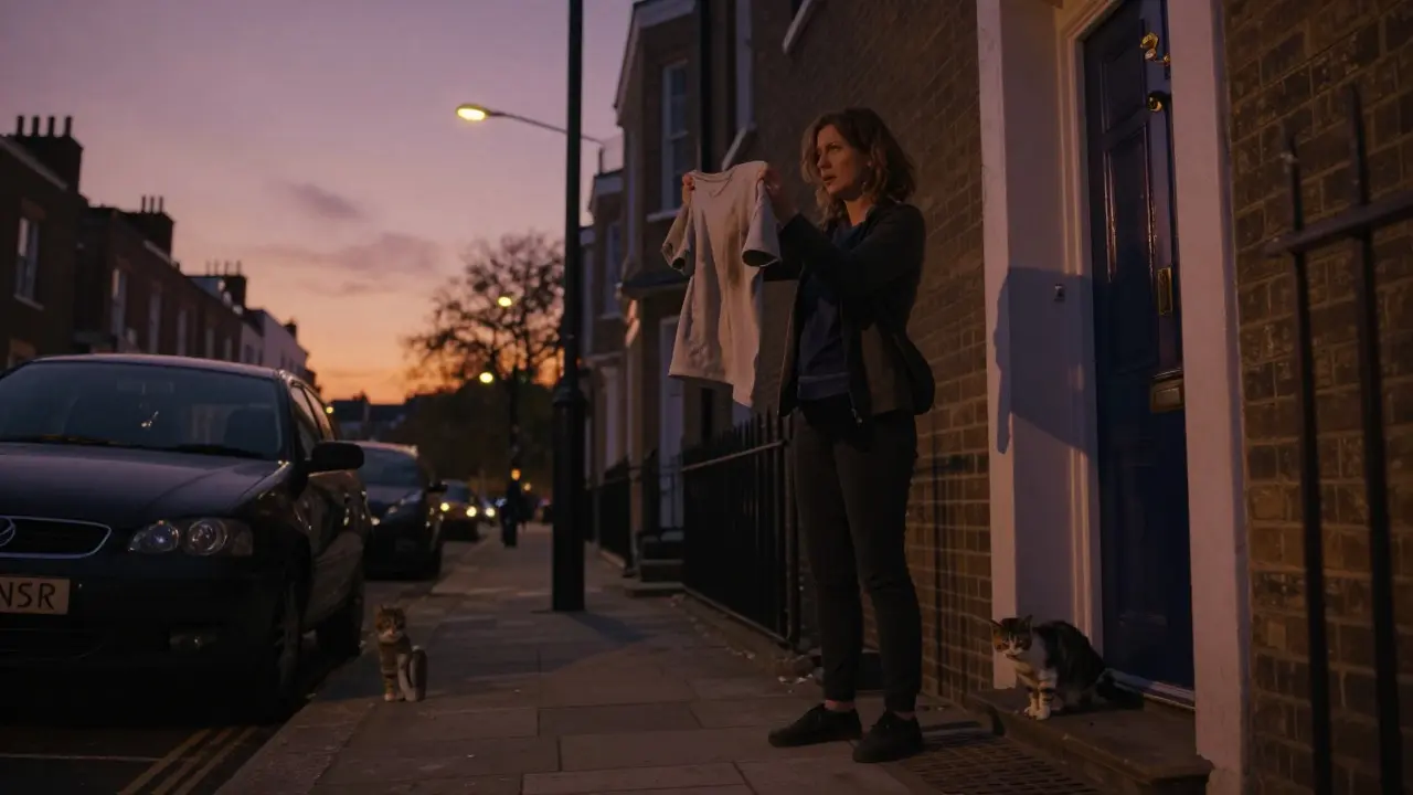 Owner searching for a lost cat under a car at dusk in London