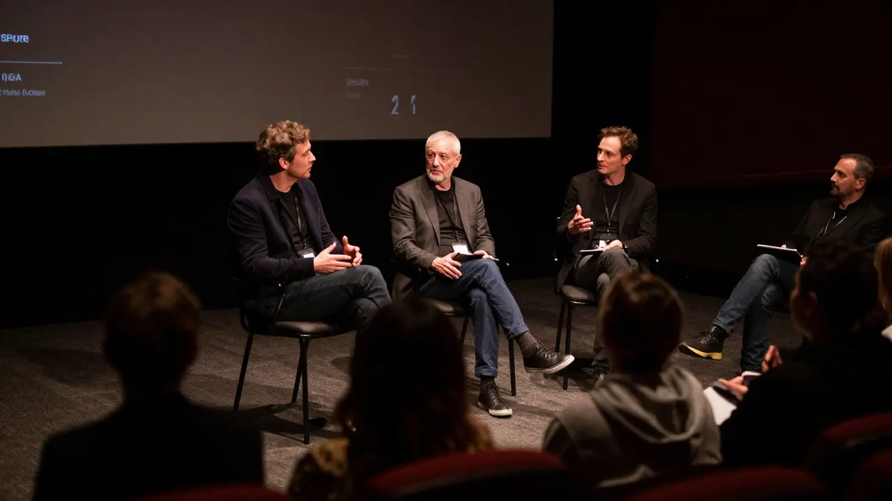 Panelists discussing film strategy on a stage during a Q&amp;A session